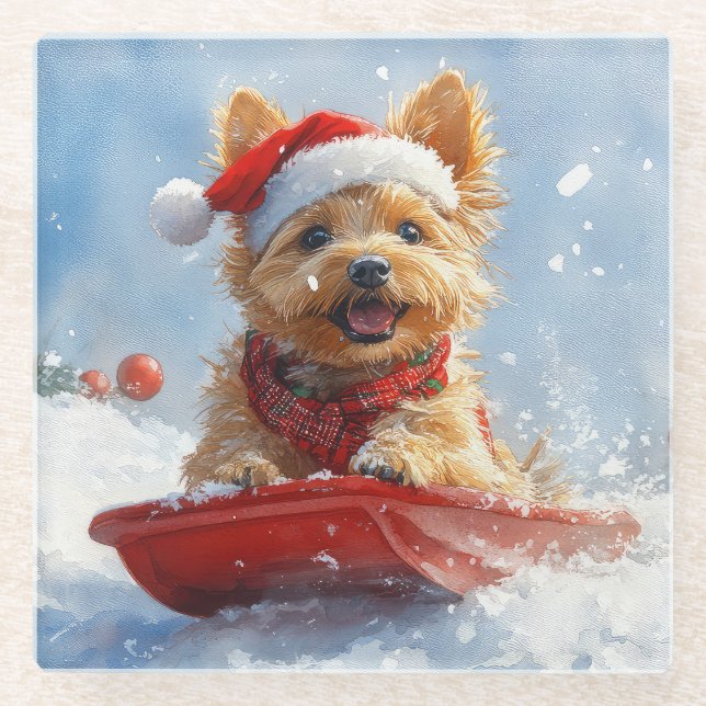 Dessous-de-verre En Verre Un Terrier australien à la luge, qu'il neige Noël (Devant)