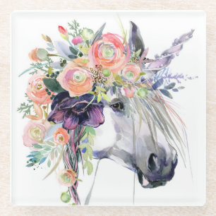 Dessous-de-verre En Verre Unicorne en fleurs