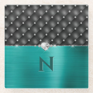 Dessous-de-verre En Verre Upholstérie et monogramme turquoise Faux métal