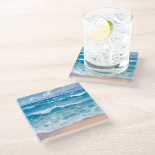 Dessous-de-verre En Verre Vagues de l'océan bleu Art aquarelle de la mer d