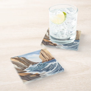 Dessous-de-verre En Verre Vagues de l'océan se brisant Aquarelle de plage