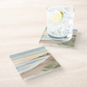 Dessous-de-verre En Verre Vagues de plage Aquarelle de l'océan côtier