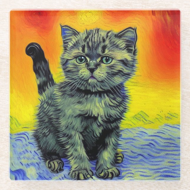 Dessous-de-verre En Verre Van Gogh Style Chat Sunset Beach (Devant)