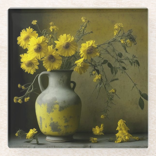 Dessous-de-verre En Verre Vase antique de fleurs jaunes (Devant)
