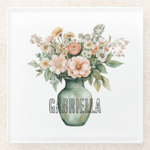 Dessous-de-verre En Verre Vase floral aux roses à la pêche romantique et à l