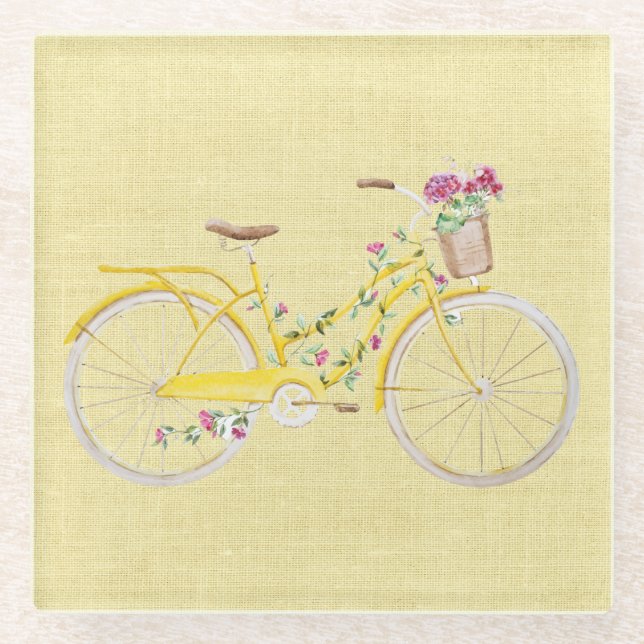 Dessous-de-verre En Verre Vélo Jaune Aquarelle (Devant)