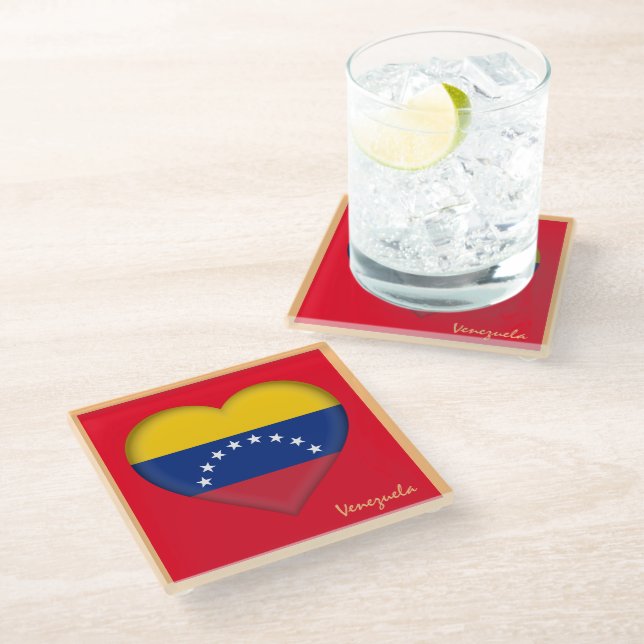 Dessous-de-verre En Verre Venezuela & Venezuela Drapeau Coeur / dîner du par (Incliné)