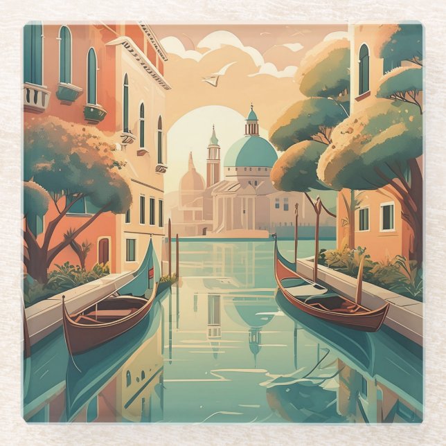 Dessous-de-verre En Verre Venice Glass Coaster: Gondola & Canal View (Devant)