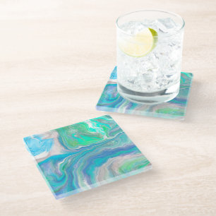 Dessous-de-verre En Verre Verre de mer Bleu et Marbre vert Fluide Art