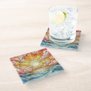 Dessous-de-verre En Verre Verre teinté Coucher de soleil chaud