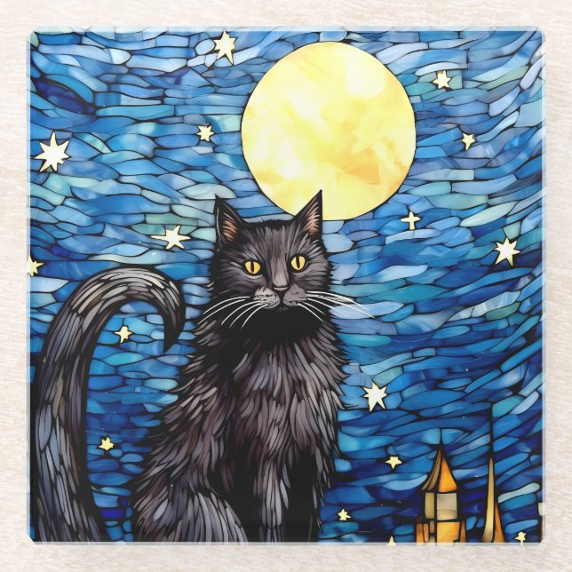 Dessous-de-verre En Verre Verre tendu Chat noir Starry nuit (Devant)