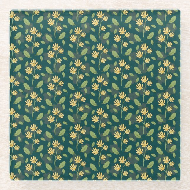 Dessous-de-verre En Verre Vibrant Green Pattern with Yellow Flowers & Leaves (Devant)