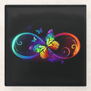 Dessous-de-verre En Verre Vibrant infinity with rainbow butterfly on black