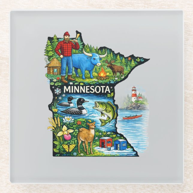 Dessous-de-verre En Verre Vibrant Minnesota State Map-Paul Bunyan/Northwoods (Devant)