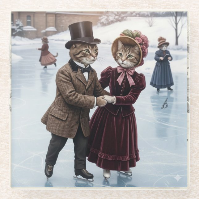 Dessous-de-verre En Verre Victorian Skating Cats Glass Coaster (Devant)