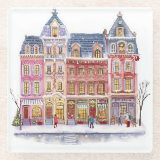 Dessous-de-verre En Verre Village de Noël hivernal à l'aquarelle