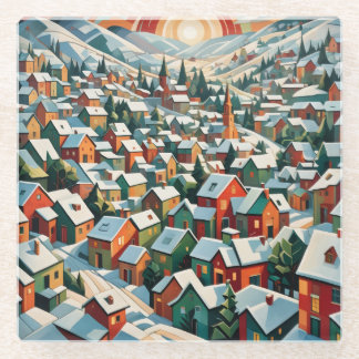 Dessous-de-verre En Verre village d'hiver sous la neige vintage