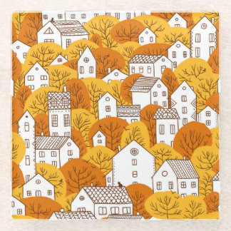 Dessous-de-verre En Verre Ville d'automne, Arbres Maisons Motif.