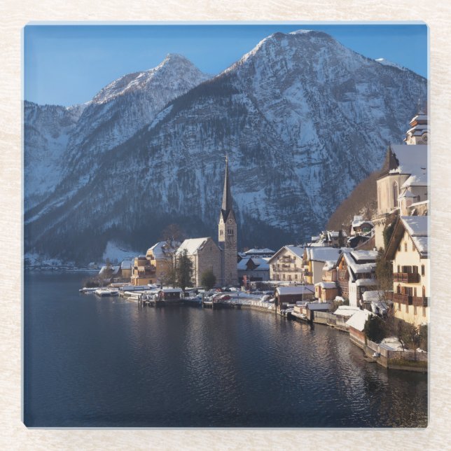 Dessous-de-verre En Verre Ville de Hallstatt dans la neige en hiver (Devant)