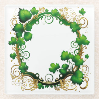 DESSOUS-DE-VERRE EN VERRE VIN ET FEUILLE VERT & OR ORNAMENTAL IRLANDAIS
