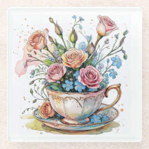 Dessous-de-verre En Verre Vin floral Motif - Aquarelle douce Boho art