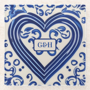 Dessous-de-verre En Verre Vintage Blue Peinture céramique Look Coeur pour le