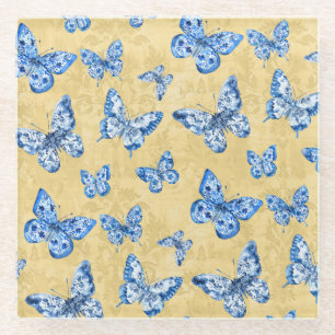 Dessous-de-verre En Verre Vintage Chinoiserie Papillons bleus Damas dénaturé