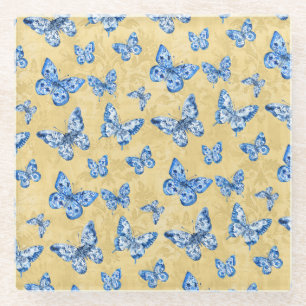 Dessous-de-verre En Verre Vintage Chinoiserie Papillons bleus Damas dénaturé