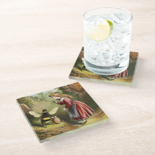 Dessous-de-verre En Verre Vintage fille victorienne parlant à Bumble Bee