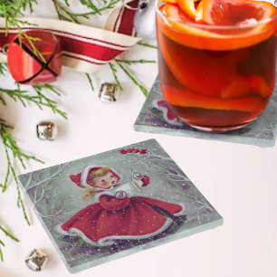 Dessous-de-verre En Verre Vintage Retro Noël Fille de coiffure en neige