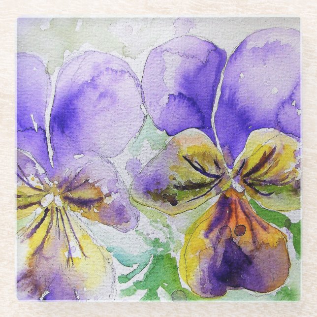 Dessous-de-verre En Verre Viola violet fleurs florales Aquarelle Peinture (Devant)