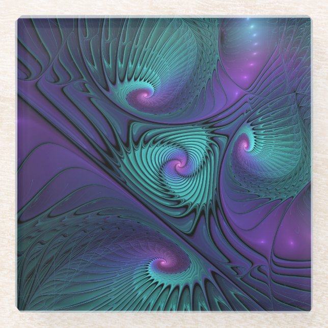 Dessous-de-verre En Verre Violet Rencontre Turquoise Moderne Art Fractal Abs (Devant)
