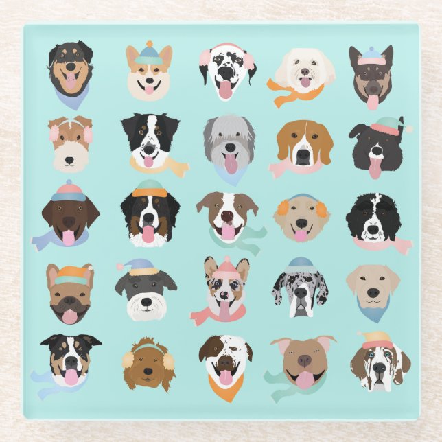 Dessous-de-verre En Verre Visages de chiens d'hiver (Devant)