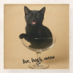 Dessous-de-verre En Verre Vivez, Riez, Miaou - Chat noir drôle