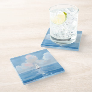 Dessous-de-verre En Verre Voile dans le bleu   Peinture océanique de voilier
