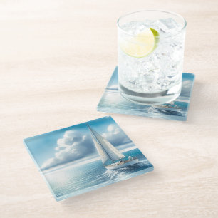 Dessous-de-verre En Verre Voilier Solitaire à l'Horizon Bleu