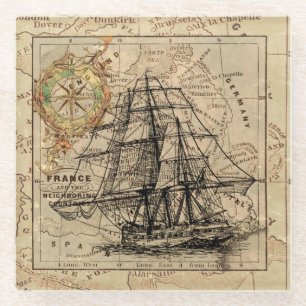 Dessous-de-verre En Verre Voilier vintage et vieille carte européenne