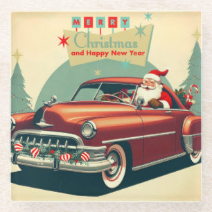 Dessous-de-verre En Verre Voiture rouge vintage & Père Noël