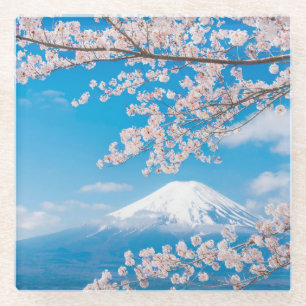 Dessous-de-verre En Verre Vue du mont Fuji avec des fleurs de cerisier