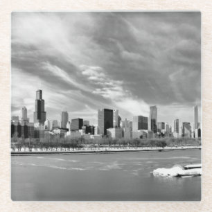 Dessous-de-verre En Verre Vue panoramique d'horizon de Chicago en hiver