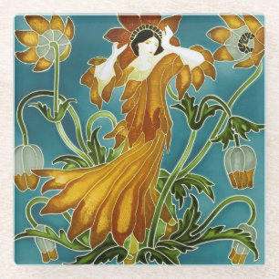 Dessous-de-verre En Verre Walter Crane Tulipe Orange Art Nouveau Floral