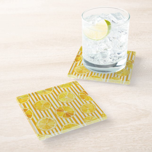 Dessous-de-verre En Verre Watercolor Lemons & Stripes (Incliné)