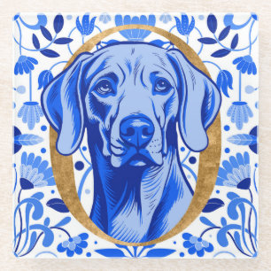 Dessous-de-verre En Verre Weimaraner regardant à travers la lettre "O" en or