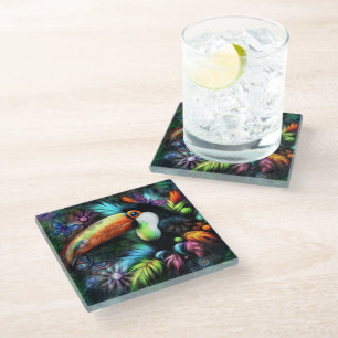 Dessous-de-verre En Verre Whimsical Abstrait Toucans Oiseaux Toucans Turquoi