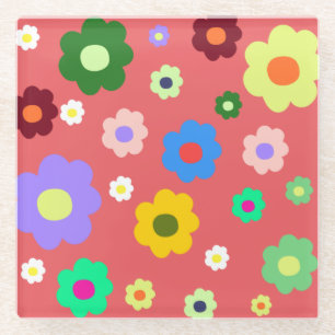 Dessous-de-verre En Verre Whimsical Colorful Floral Retro, Gai, Preppy