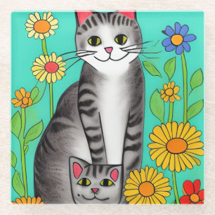 Dessous-de-verre En Verre Whimsical Folk Art Grey Chat et Kitten