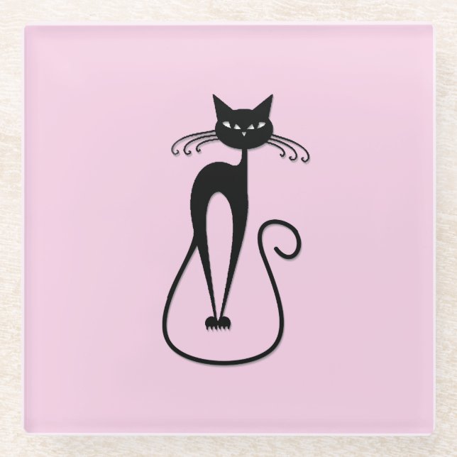 Dessous-de-verre En Verre Whimsical Skinny Chat noir rose (Devant)