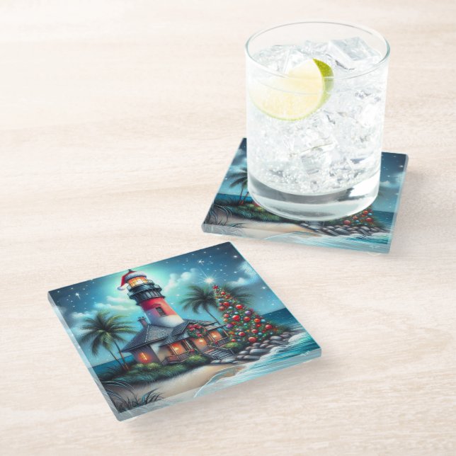 Dessous-de-verre En Verre Whimsical Tropical Christmas Lighthouse Turquoise  (Incliné)