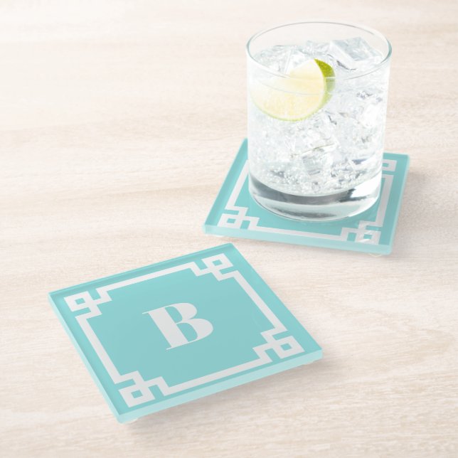 Dessous-de-verre En Verre White Square Greek Key Border Aqua Blue Monogram (Incliné)