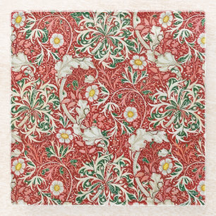 Dessous-de-verre En Verre William Morris Algue Antique Fleur Rouge Vert